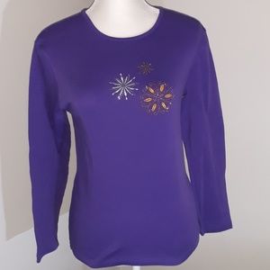 M & C Sportswear Purple Long Sleeve Thirt With Flower Embroidered Accents